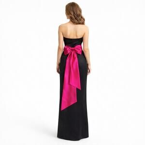 Vintage 90s Bill Levkoff Black Strapless Gown Pink Bow Sash Formal Dress XXS